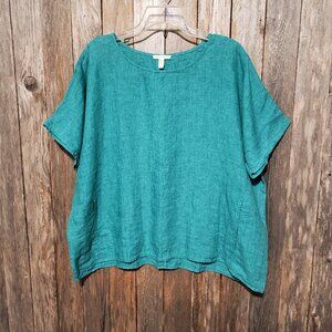 Eileen Fisher XL Top Blouse Washed Organic Linen Delave Green Pockets Lagenlook